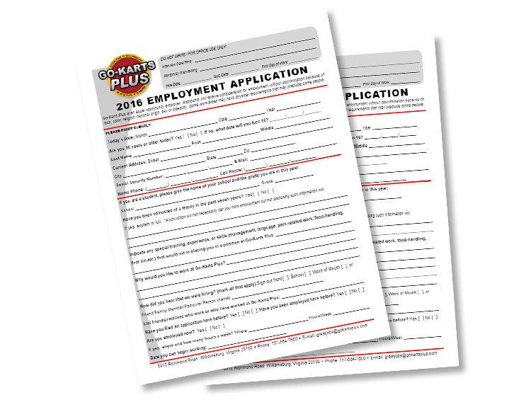 Employment Application - Go-Karts Plus - Williamsburg, VA Family Fun & Birthdays