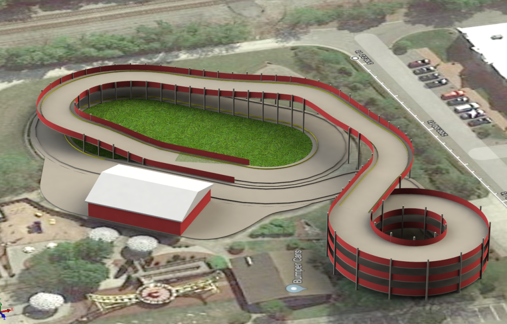 This is an image of an elevated go-kart track called the SKYLINE SPEEDWAY